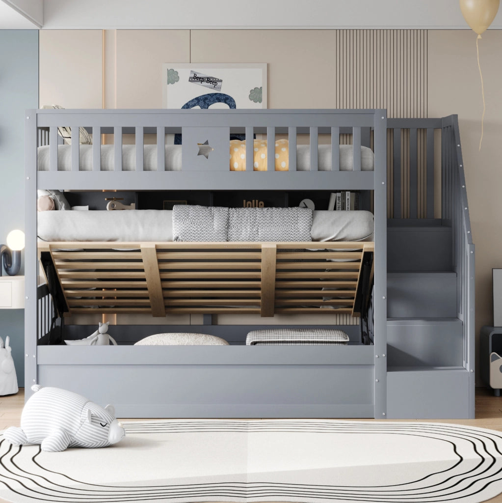 Letto a castello 90x200 cm grigio con vano idraulico e scala