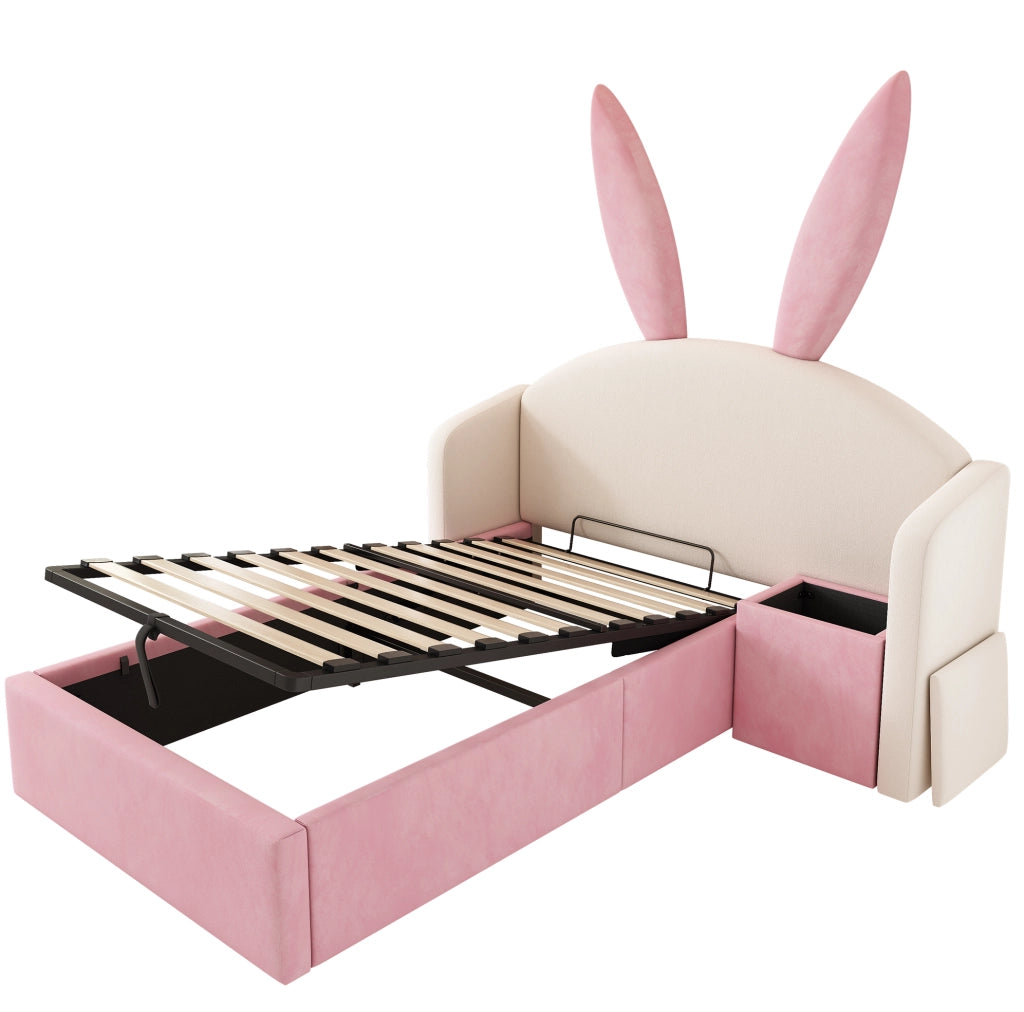 Letto imbottito 90x200 cm con contenitore idraulico e comodino in velluto beige e rosa