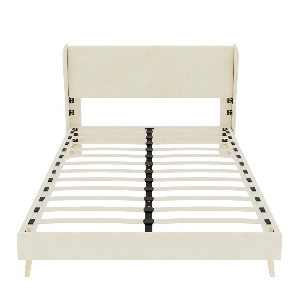 Letto imbottito ULEVR 140x200 cm con testiera e schienale in tessuto beige, struttura in metallo
