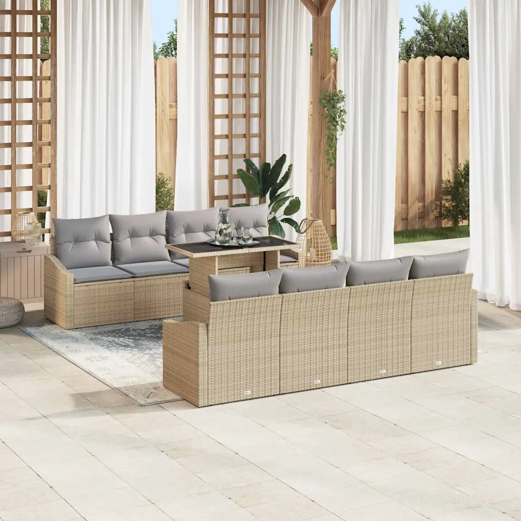 Set Divano da Giardino con cuscino 9 pcs Beige polyrattan