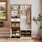 Guardaroba moderno per ingresso con scarpiera, panca imbottita, appendiabiti, cassetto, anta, vano a ribalta e ripiani aperti, rovere/bianco, 108,5 x 35 x 180 cm