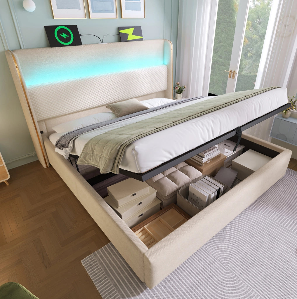 Letto matrimoniale beige 140 x 200 cm con contenitore, LED, ricarica e materasso H3