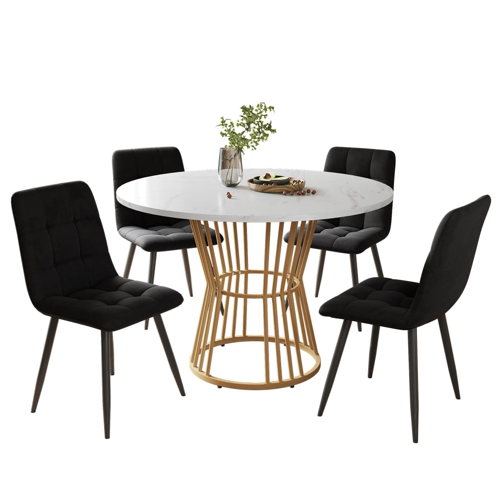Set tavolo da pranzo rotondo 100 cm, piano MDF bianco e gambe metallo oro, con 4 sedie in velluto nero, 5 pezzi