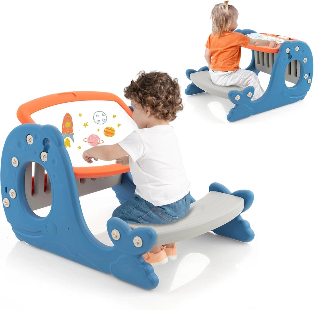 Set Tavolo attività Convertibile per Bambini, Cavalletto Multifunzionale Regolabile con Lavagna Cancellabile a Forma di Balena, Tavolo da Disegno con Panchina, 1 + Anni