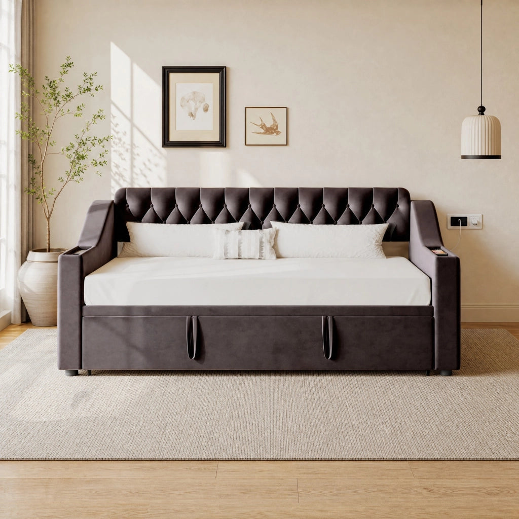 Divano letto 90 × 190 cm letto estraibile 180 × 190 cm con porte di ricarica in velluto grigio e rete a doghe