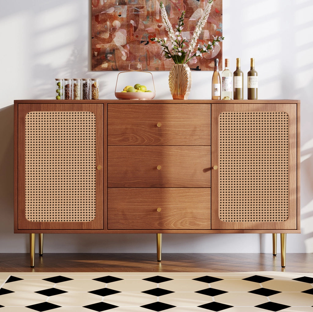 Credenza 150x40x90 cm con 2 ante; 3 cassetti e ripiano regolabile color noce HOMVRA