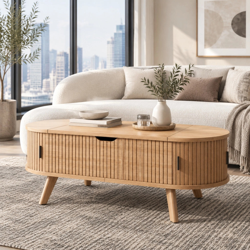 Tavolino da salotto ovale 110x50 cm con piano sollevabile e ante scorrevoli naturale HOMVRA