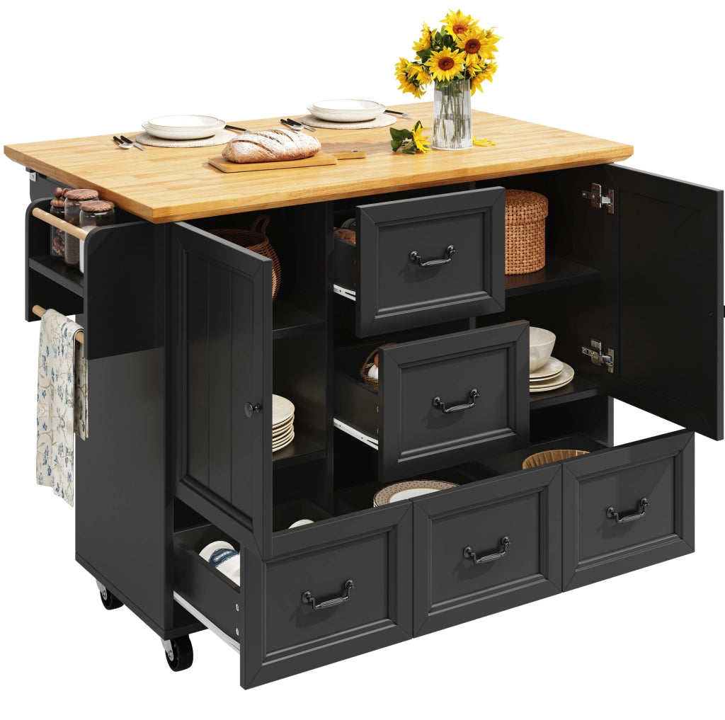 Isola da cucina 120 x 73 x 93 cm in MDF nero, con ruote e pieghevole, con vani