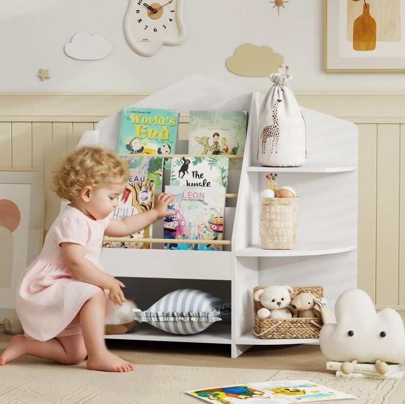 Libreria per bambini 80 x 30 x 79,7 cm in legno bianco, 7 vani salvaspazio