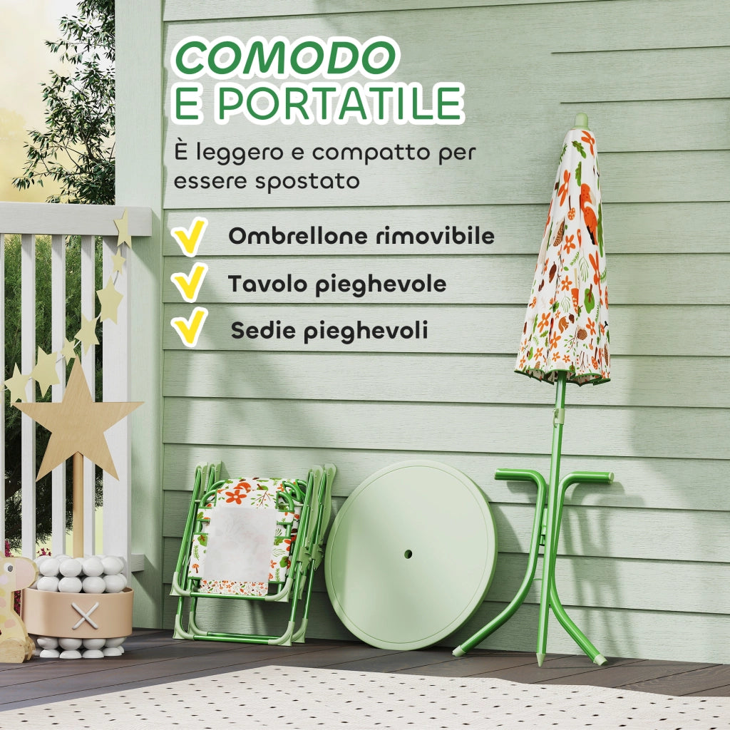 Set da Giardino per Bambini 2-5 Anni con Tavolino Rotondo, 2 Sedie Pieghevoli e un Ombrellone, Verde
