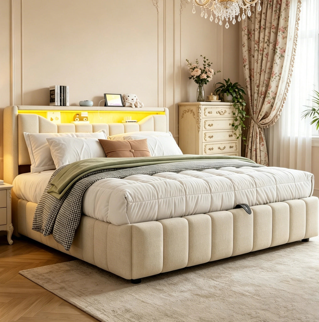 Letto contenitore ULEVR 180x200 cm con sistema idraulico, LED, USB e USB-C, rivestimento in tessuto beige