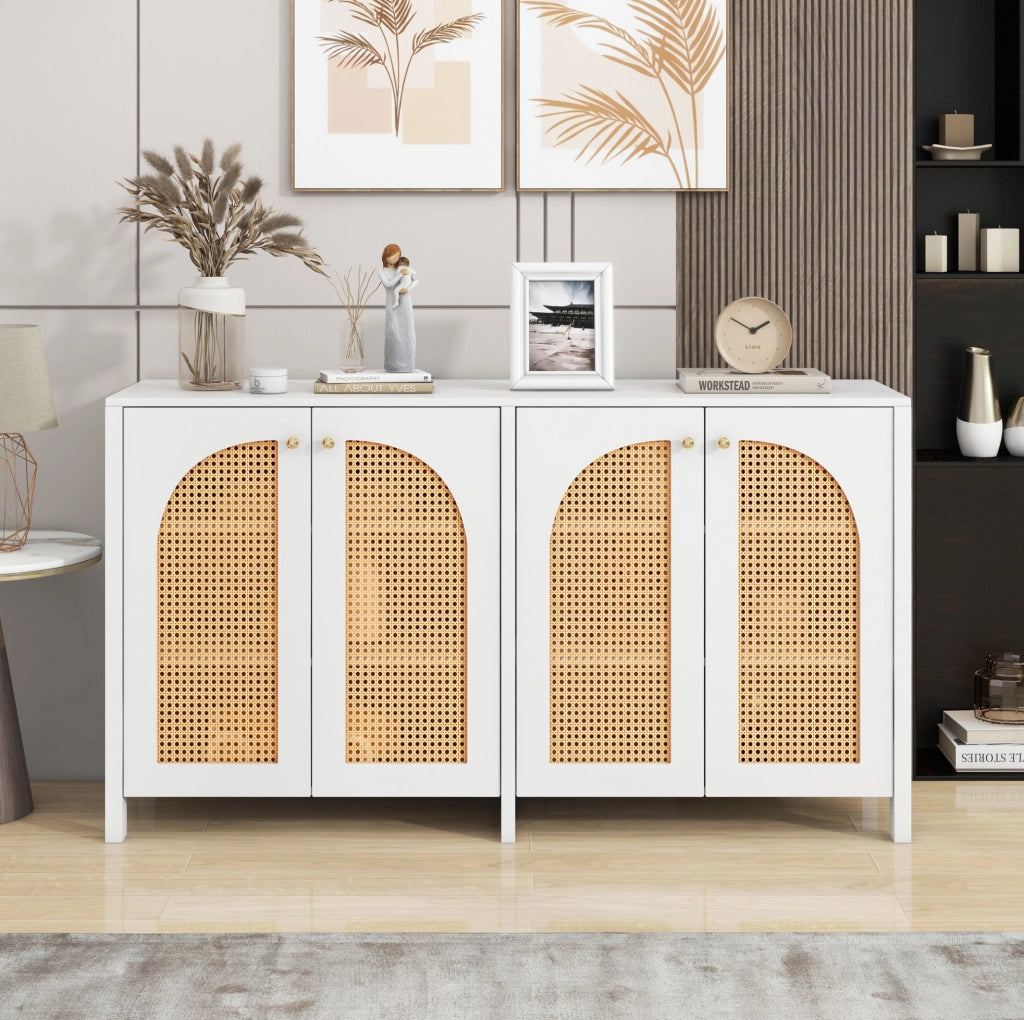 Sideboard moderno con 4 porte in rattan sintetico bianco, maniglie in metallo, per soggiorno, sala da pranzo o cucina
