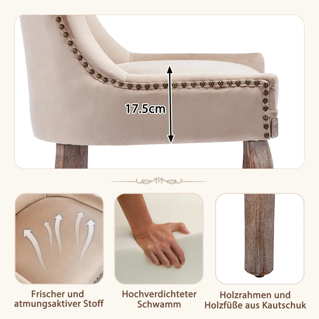 Sedia da Pranzo Sedia Imbottita con Schienale Ergonomico e Gambe in Legno Massello, in Velluto Beige