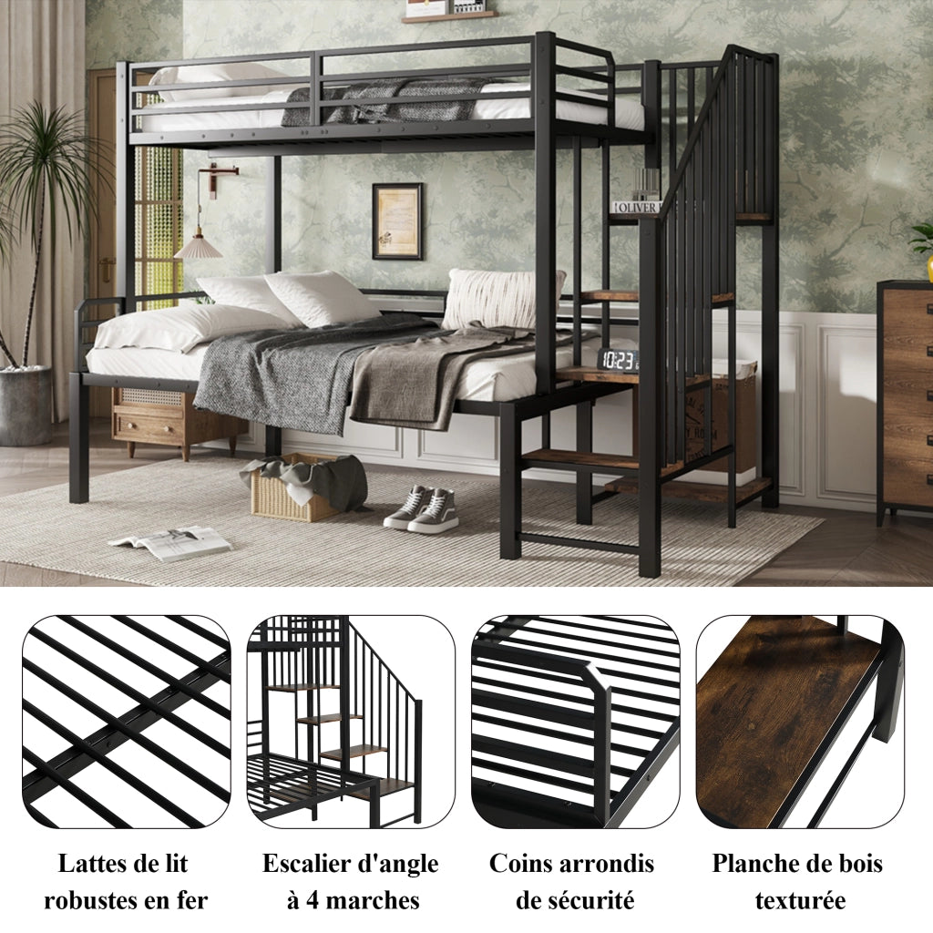 Letto a castello in metallo e MDF nero con scala angolare a 4 gradini e vano contenitore