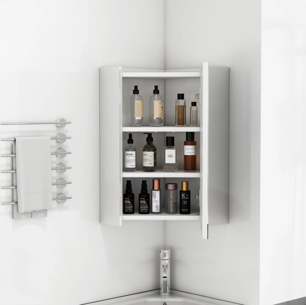 Armadio specchio angolare ULEVR 38x38x62 cm a parete con 3 specchi e ripiani interni, bianco