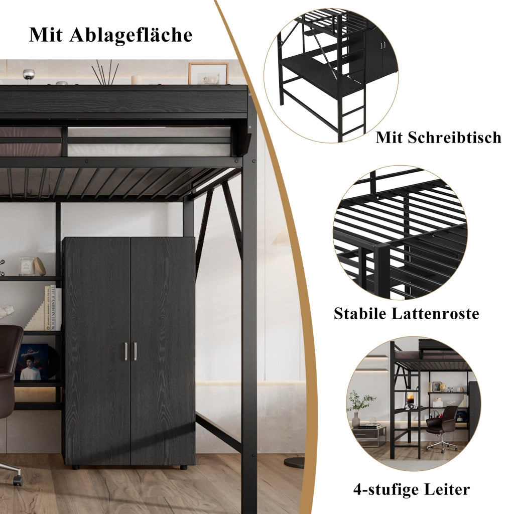 Letto a soppalco per bambini 140 × 200 cm con scrivania, armadio, ripiani e struttura in ferro e MDF nera