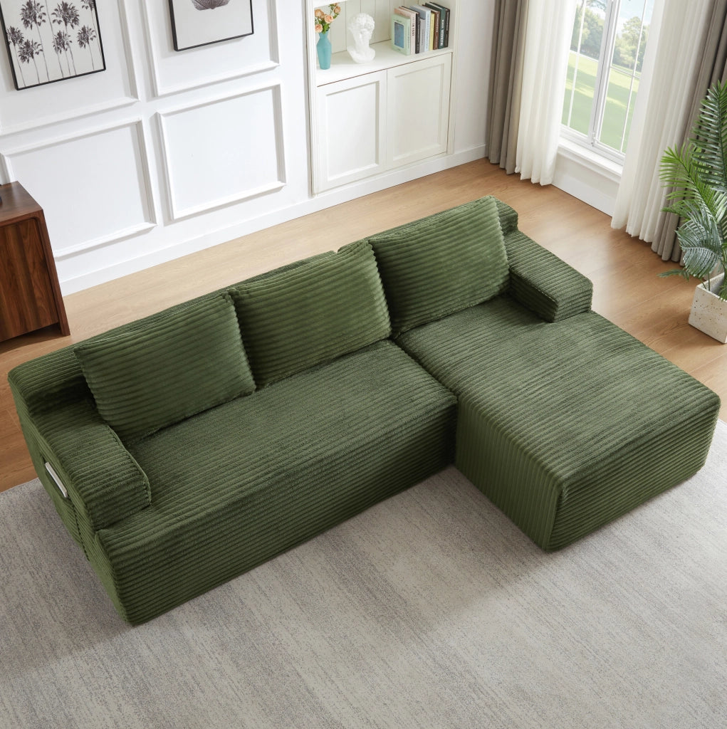 Divano angolare a L 238x152x66 cm in velluto a coste verde, senza montaggio