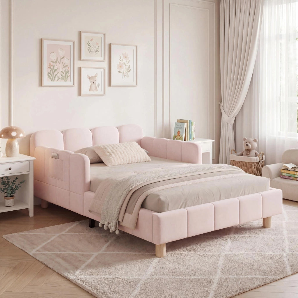 Letto singolo imbottito per bambini 90x200 cm in velluto rosa con testiera ergonomica