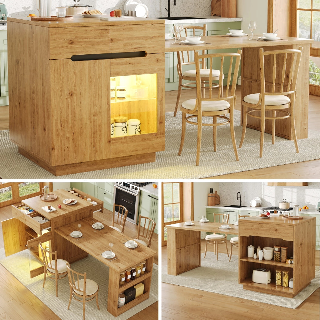 Isola da cucina con tavolo estraibile LED controllabile tramite app e telecomando in MDF colore legno 122-195 cm
