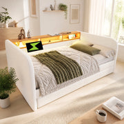 Letto imbottito 140 ¡Á 190 cm con testiera LED porte USB e Type-C due cassetti in lino beige chiaro senza materasso