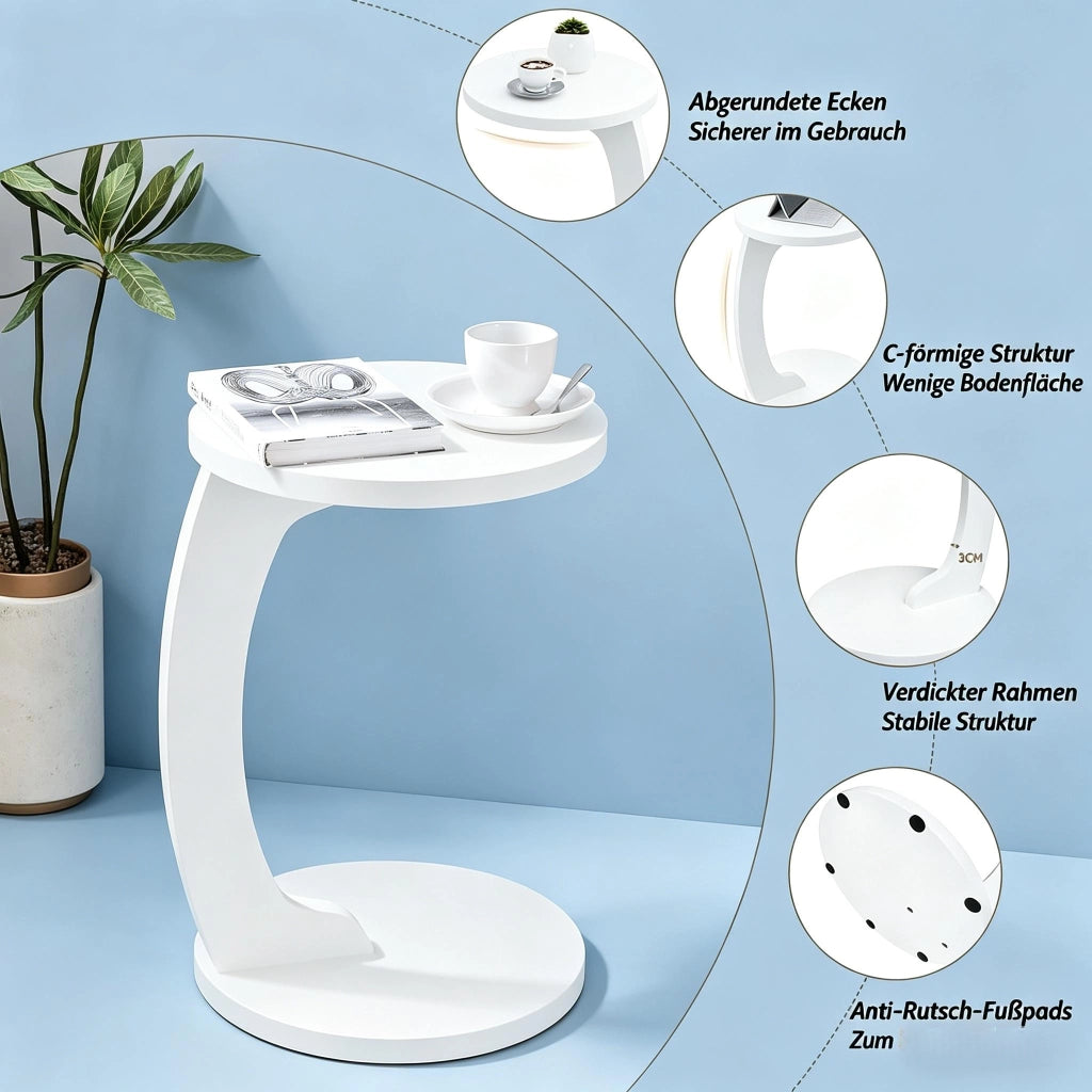 Tavolino da divano rotondo a C in MDF bianco con ripiano sospeso per soggiorno e camera da letto 38 × 55 cm