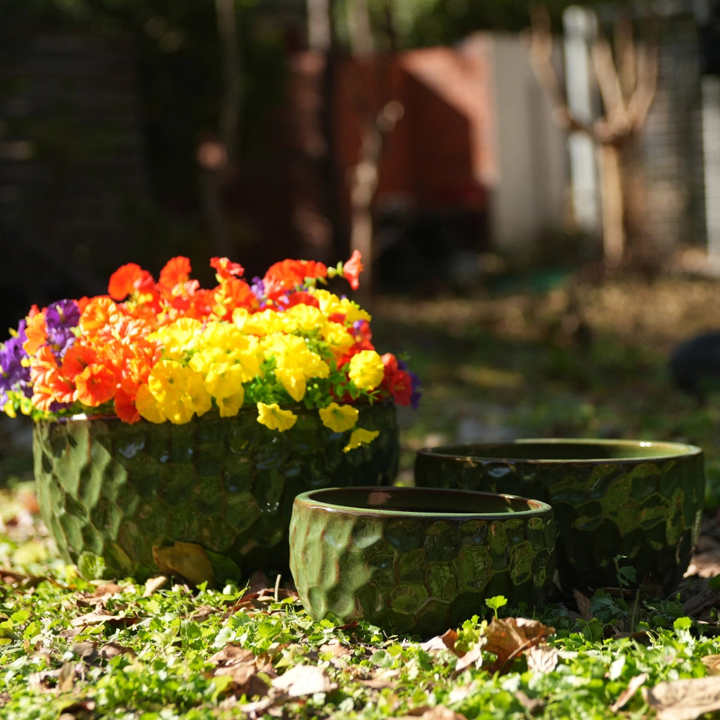 Vaso da fiori in ceramica verde antico lucido con foro di drenaggio resistente al gelo per interni ed esterni
