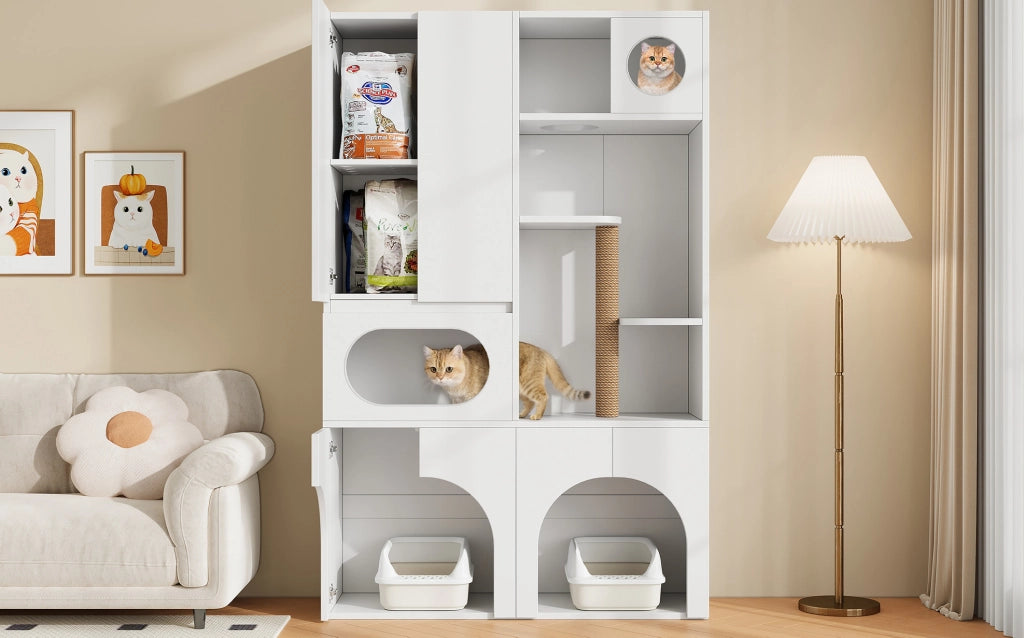 Mobile per lettiere ULEVR 140x45x195 cm per 2 lettiere, con tiragraffi in sisal e zone riposo, bianco