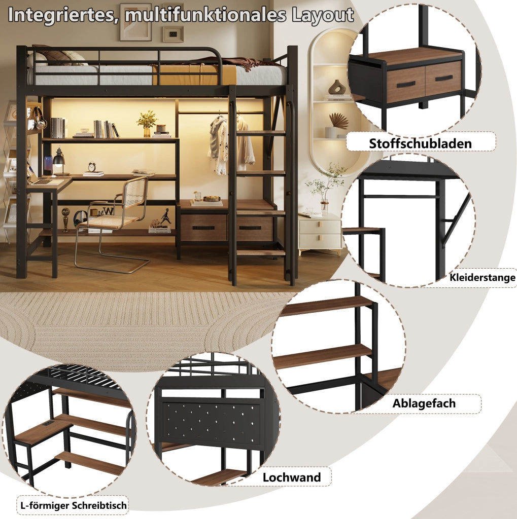 LETTO A SOPPALCO 90x200 cm Metallo e MDF Nero con Scrivania, LED e USB