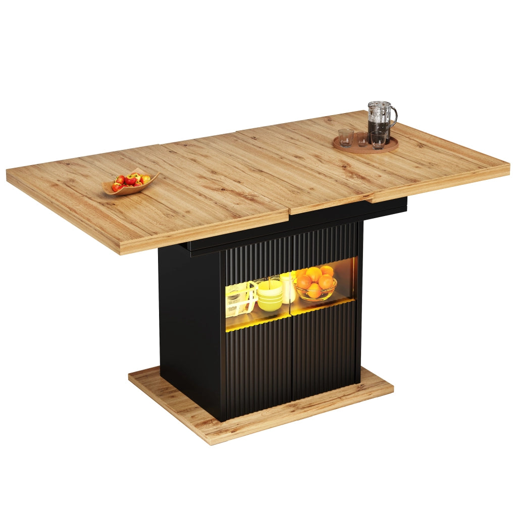 Tavolo da pranzo allungabile 110-140x80 cm con vano contenitore LED; MDF nero effetto legno