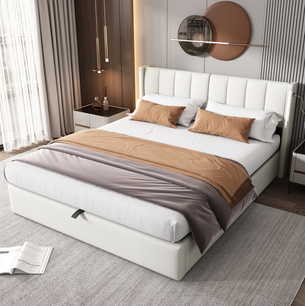 Letto matrimoniale con LED, USB e contenitore