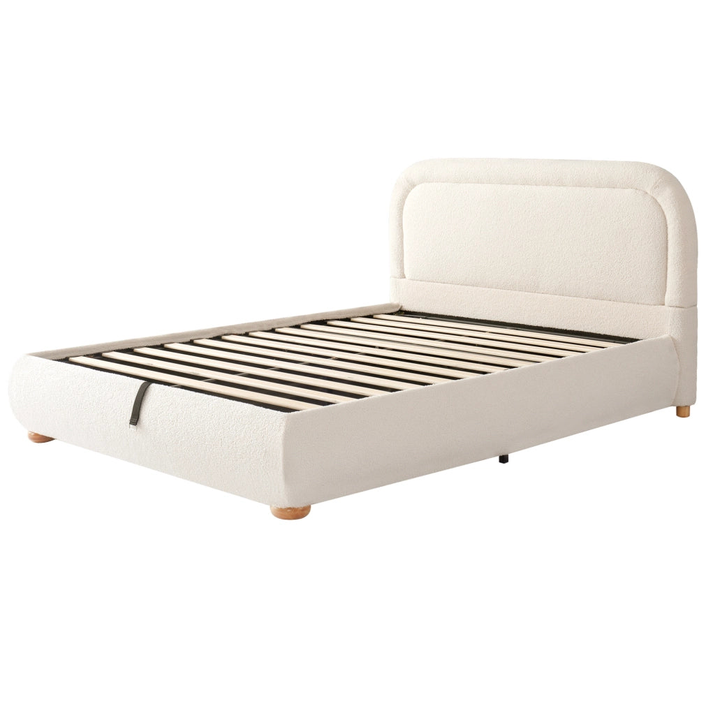 Letto matrimoniale contenitore 140x200 cm in bouclé beige con rete a doghe HOMVRA