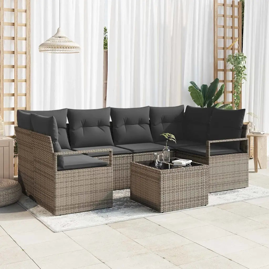 Set Divano da Giardino 7 pcs Grigio Polyrattan, Acciaio e Vetro