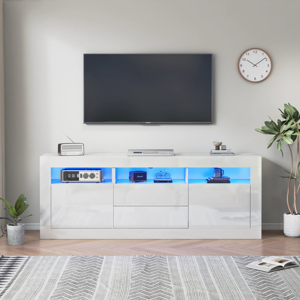 Mobile TV 160x35x60 cm con LED; 3 vani aperti; 2 ante e 2 cassetti; pannello truciolare bianco