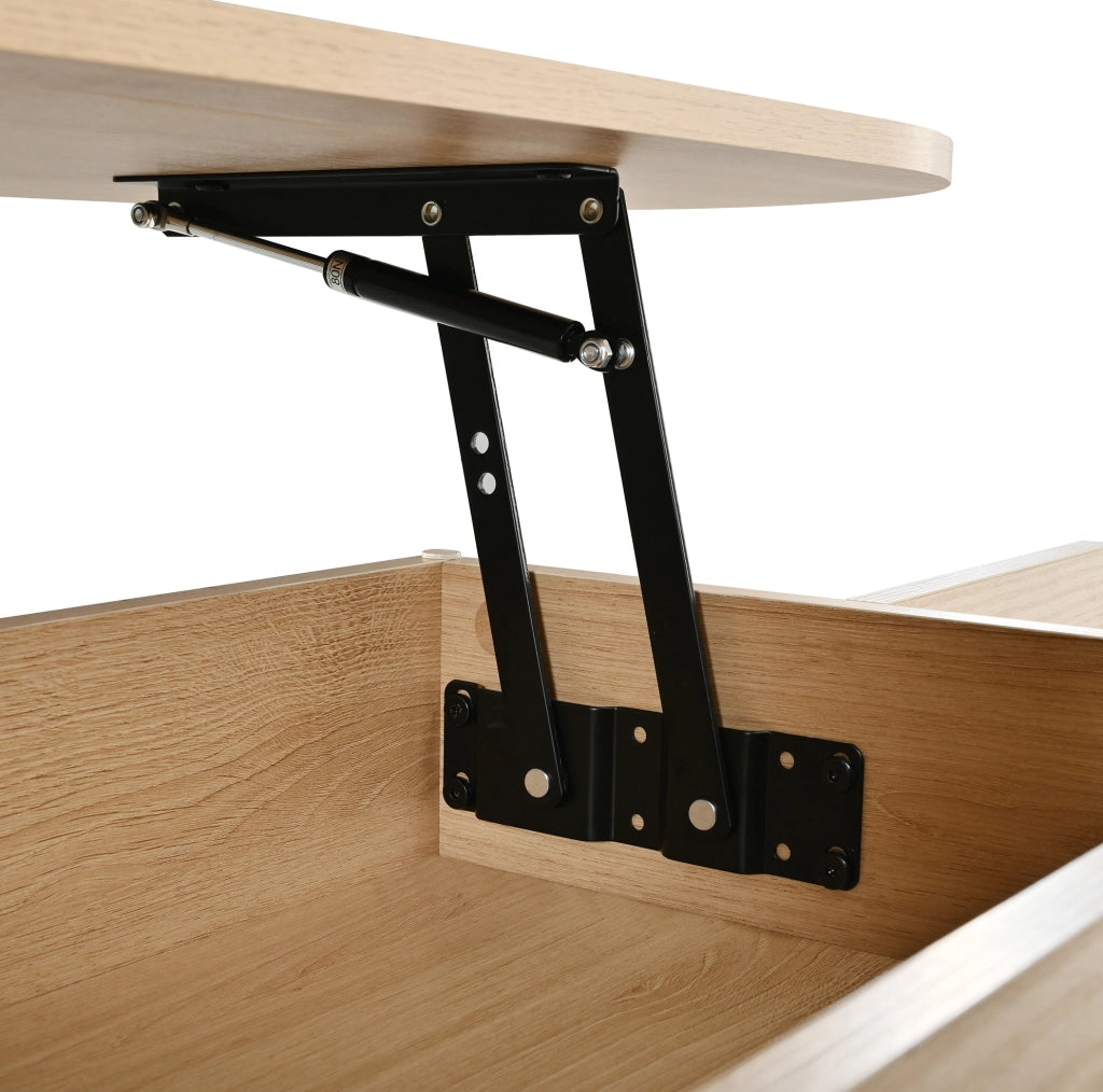 Tavolino da salotto ovale con piano sollevabile 105x50 cm; cassetto e ante scorrevoli naturale HOMVRA