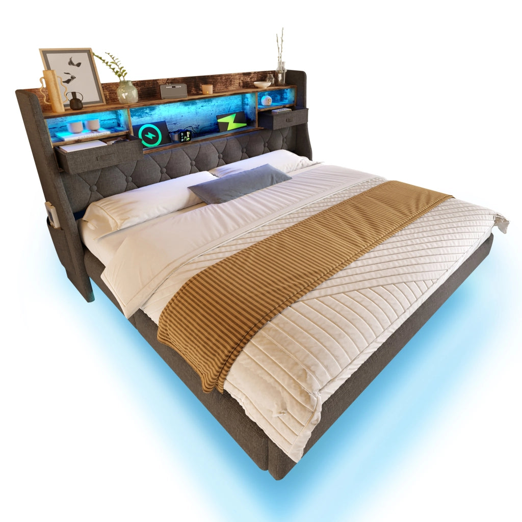 Letto matrimoniale 160 × 200 cm con materasso LED prese USB Type-C testiera contenitore lino grigio