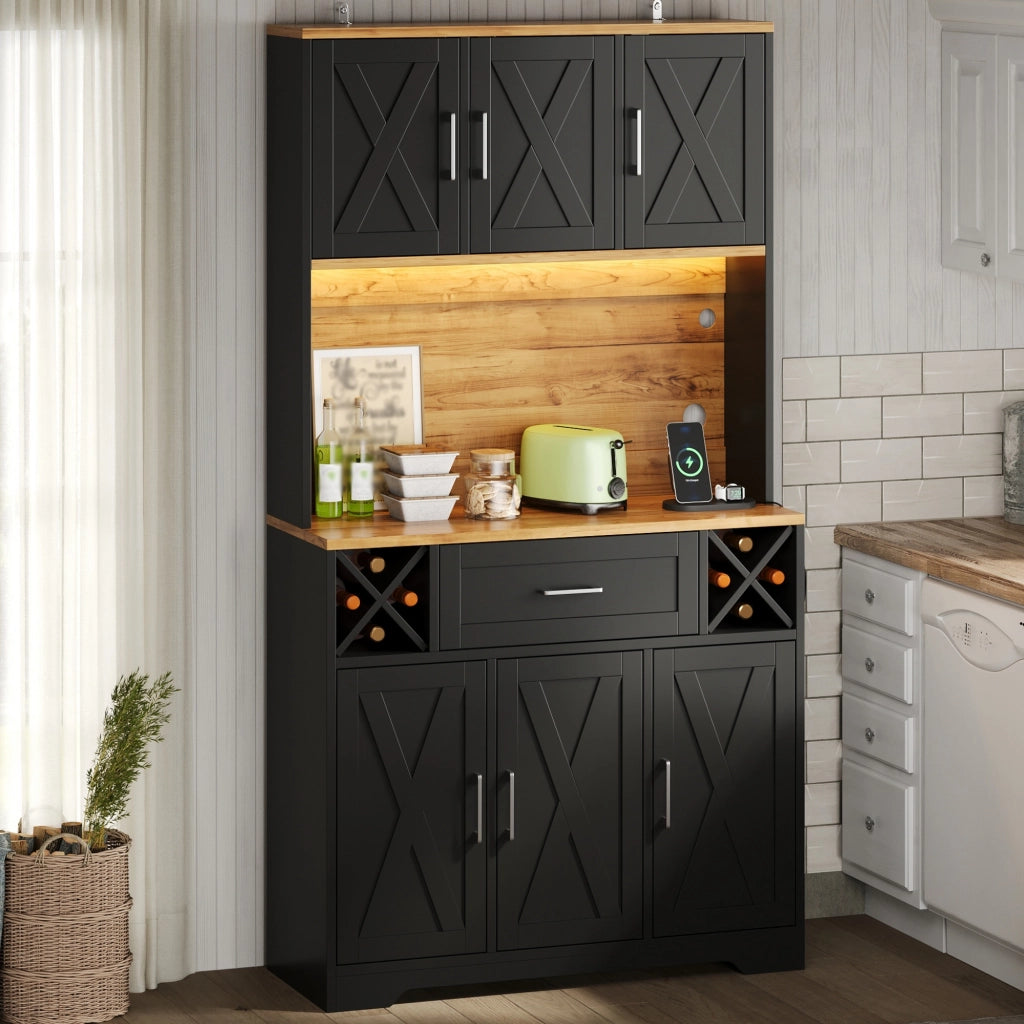 Credenza da cucina con LED RGB; vano aperto; cassetto; portabottiglie estraibili; prese e porte scorrevoli 105 × 40 × 180 cm