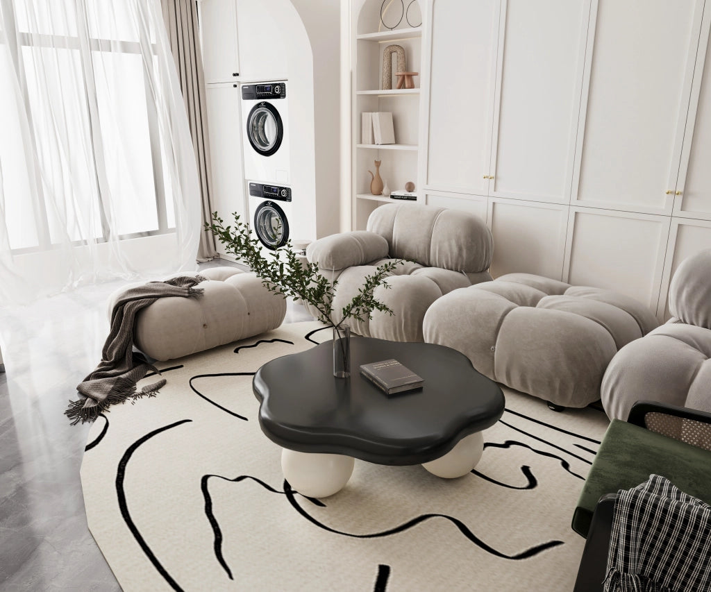 Tavolino basso fisso a nuvola in MDF nero e bianco con gambe sferiche arrotondate diametro 80 × altezza 35 cm