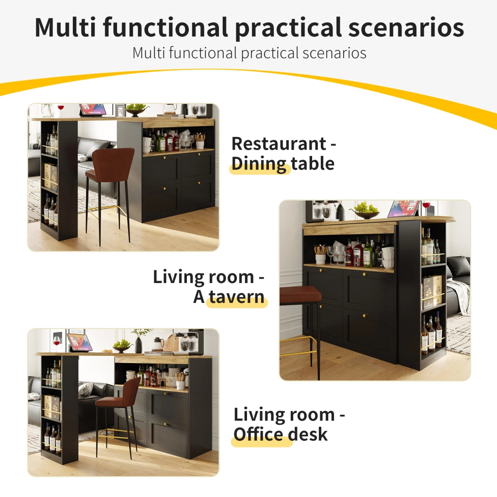 Mobile contenitore a L con 4 cassetti e scaffale laterale girevole a 360° in MDF nero 105 × 39 × 102 cm