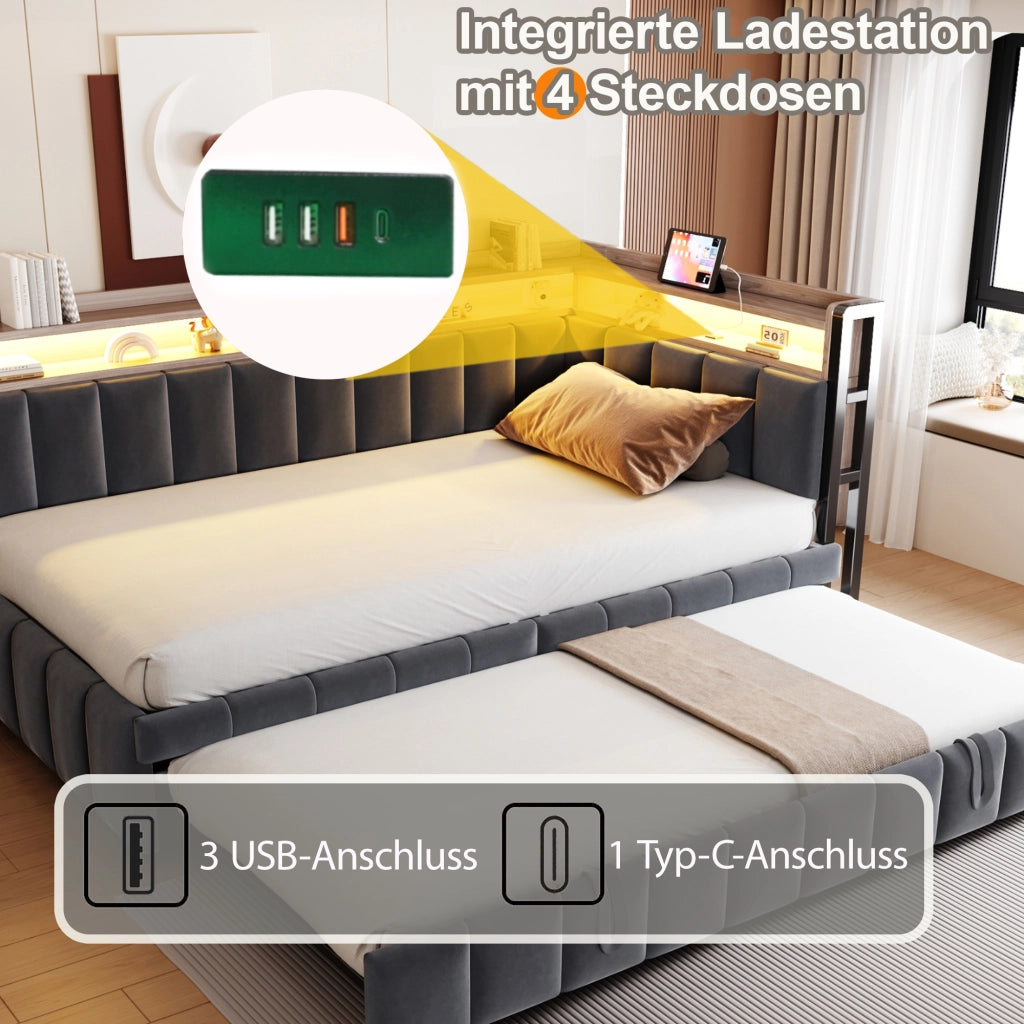 Divano letto estraibile 90x200 cm con LED; USB e Type-C; vani portaoggetti; tessuto grigio