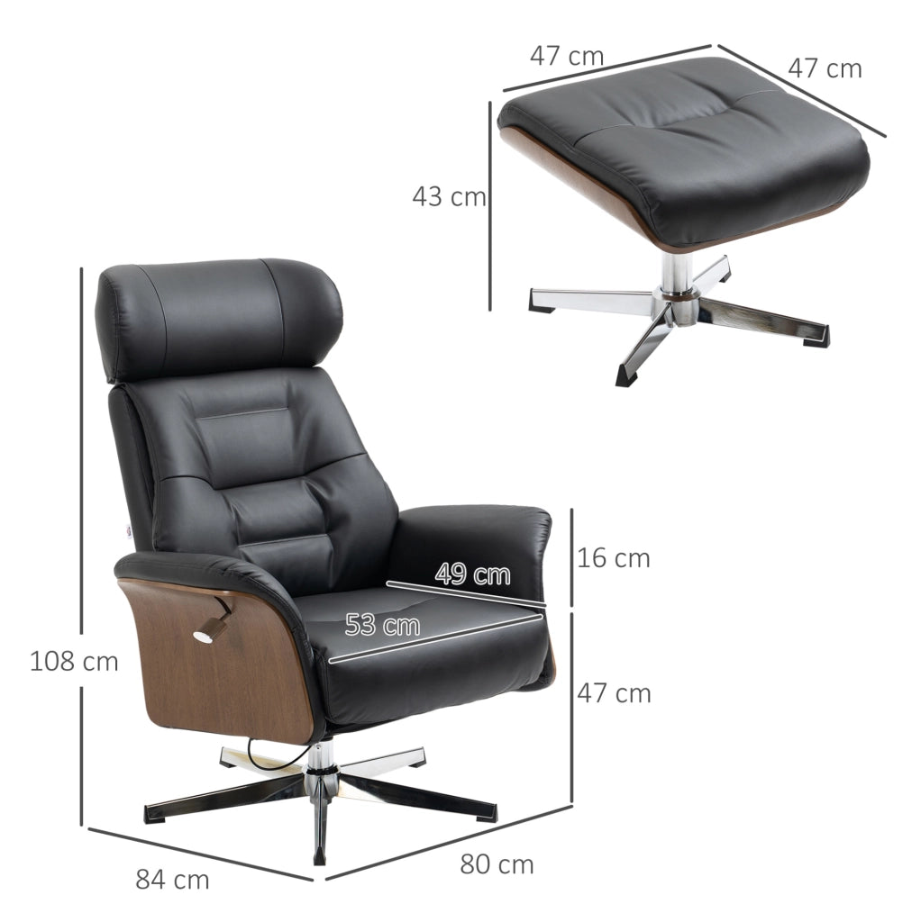 Poltrona Relax con Poggiapiedi, Funzione Letto e Rotazione 360°, Rivestimento in Ecopelle Nera