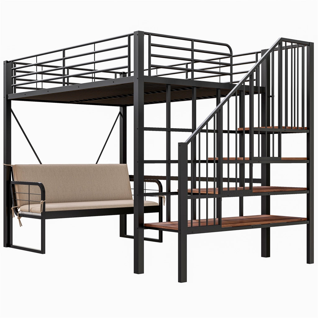 Letto a soppalco 140x200 cm per adulti con divano imbottito removibile; scala contenitore; metallo nero