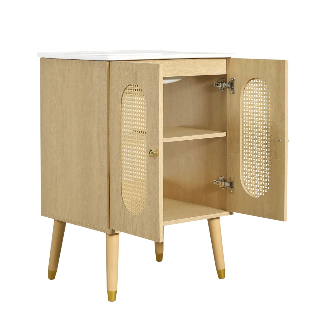 Mobile bagno 61cm con lavabo in ceramica, ante in rattan traspirante e struttura in MDF effetto legno naturale