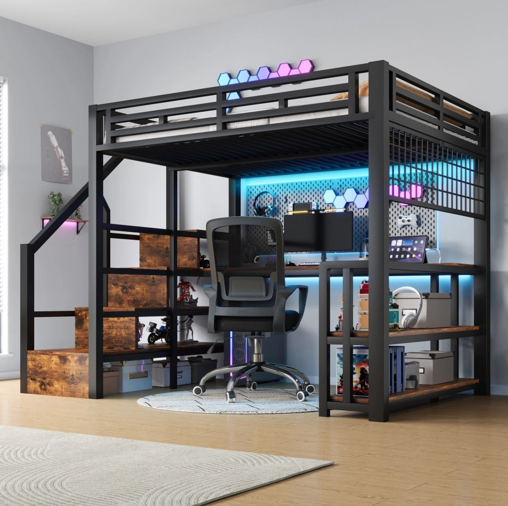 Letto a soppalco 140x200 cm con scrivania, LED e USB in metallo e MDF nero