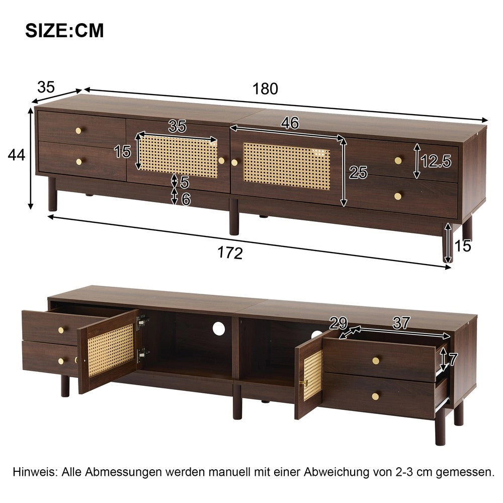 Mobile TV in Legno Scuro con Cassetti e Ante in Rattan ¨C Xylo ¨C 180 cm