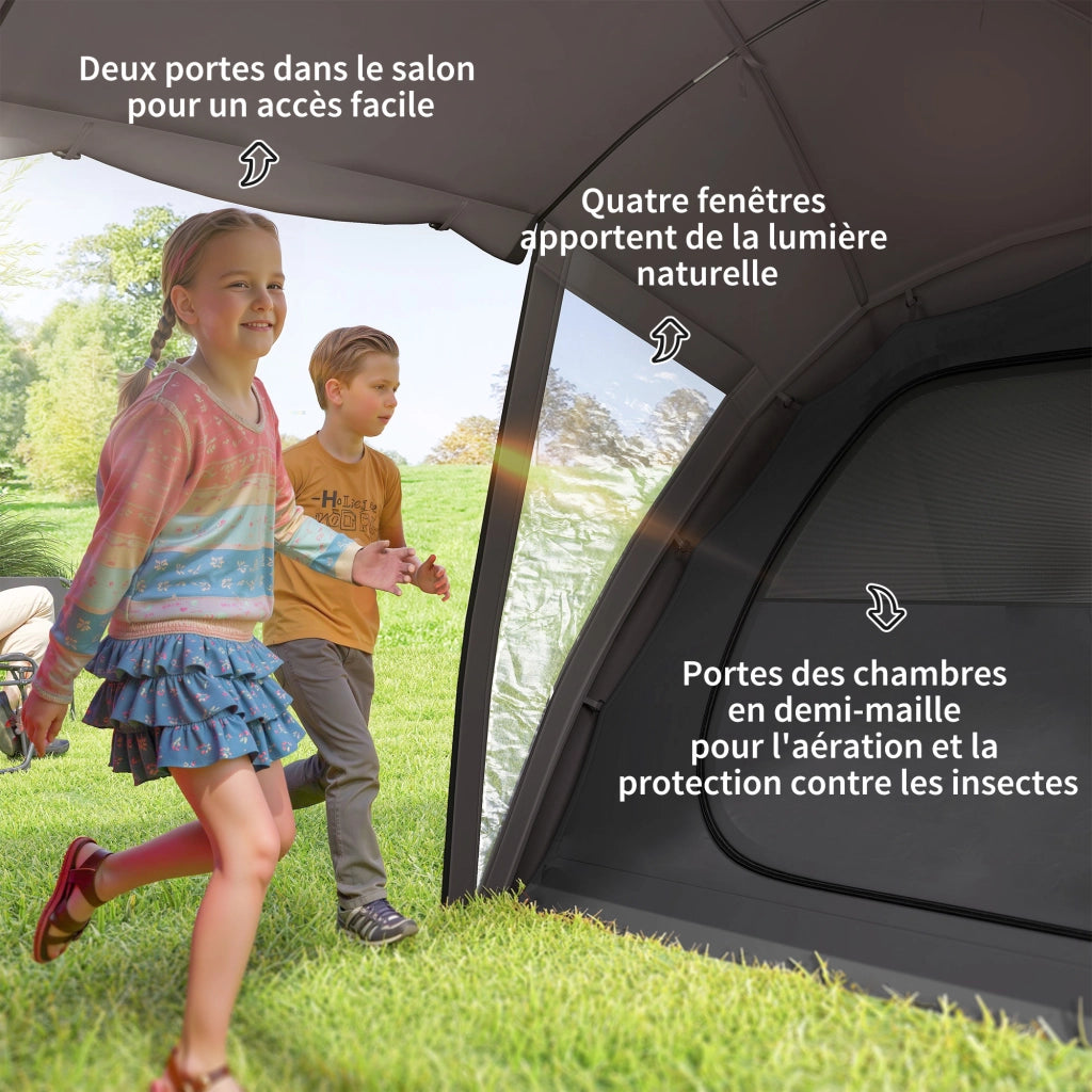 Tenda da Campeggio Familiare a Tunnel per 4-6 Persone in Poliestere Nero, Impermeabile 3000 mm con 2 Porte e Borsa di Trasporto