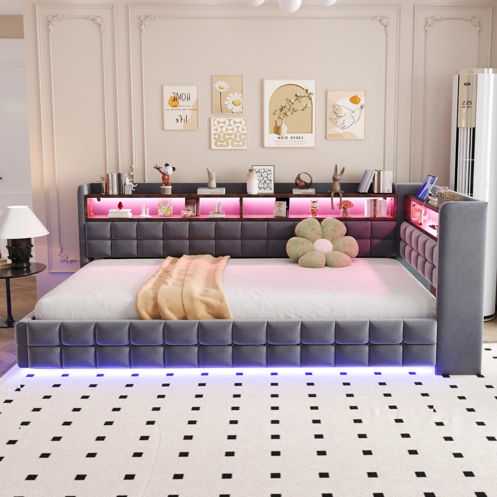 Letto singolo imbottito 90 × 200 cm con contenitore idraulico ripiani in legno LED prese USB Type-C velluto grigio