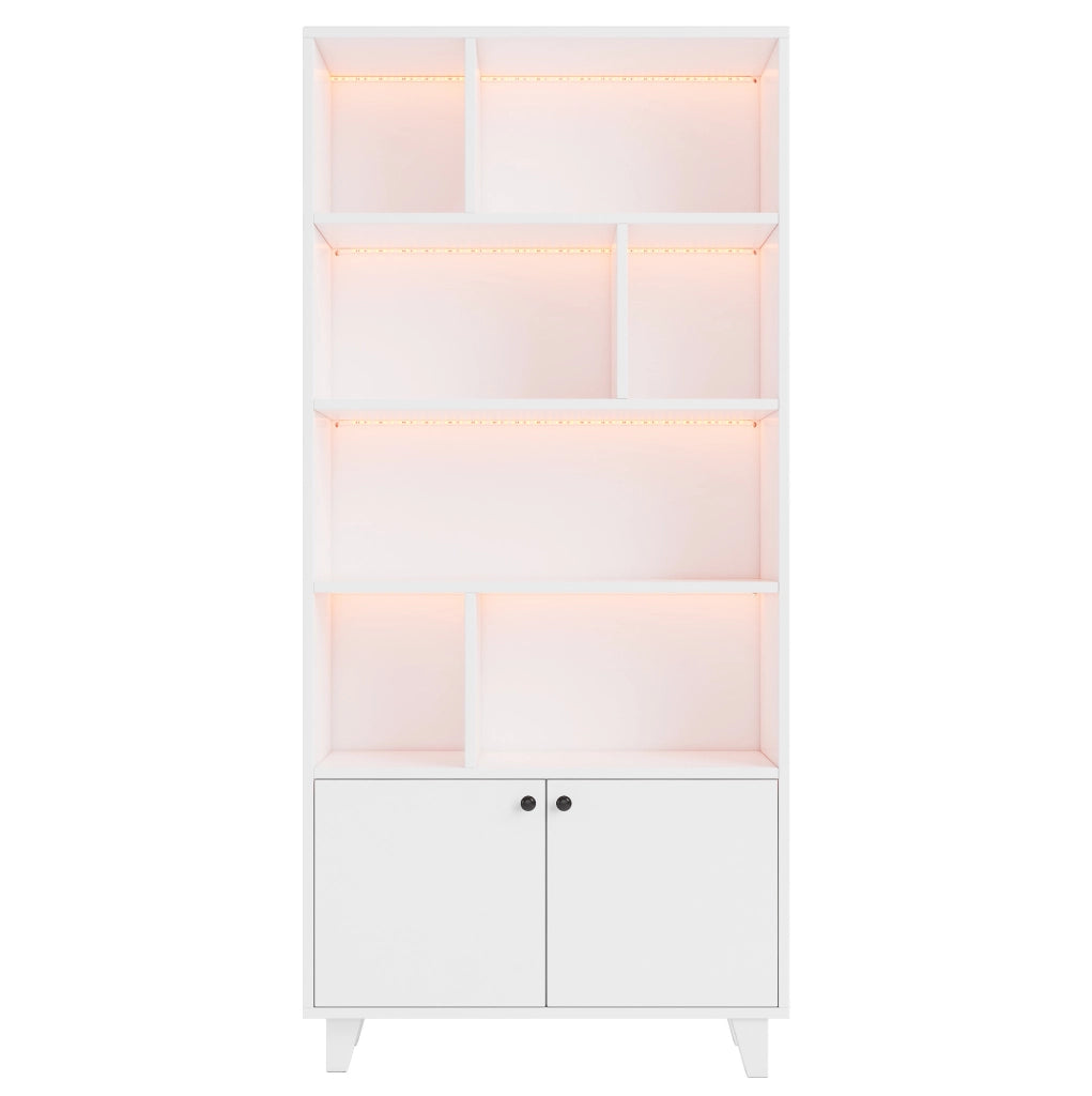 Libreria bianca 80x30x173 cm con ripiani multipli, gambe in legno massello, porte doppie e illuminazione LED con controllo app