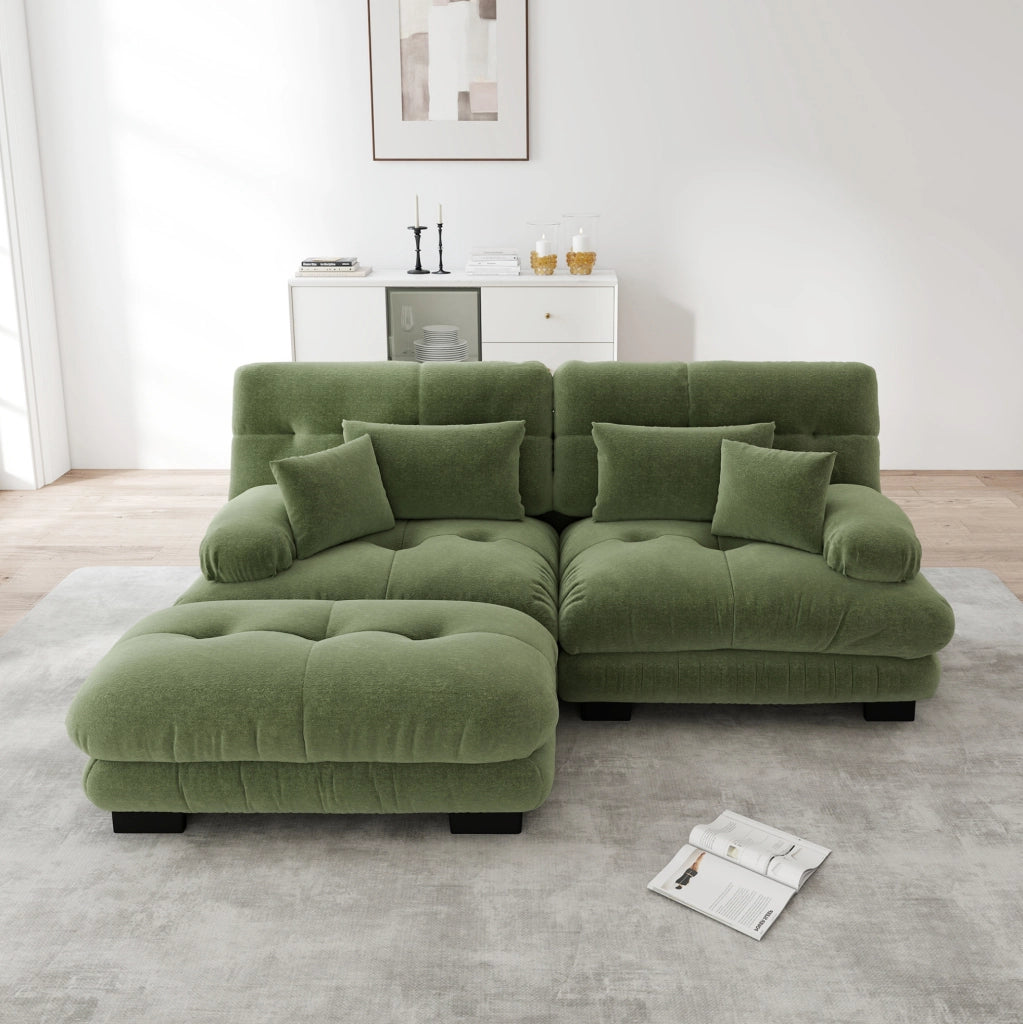 Divano modulare in ciniglia verde con pouf mobili e cuscini HOMVRA