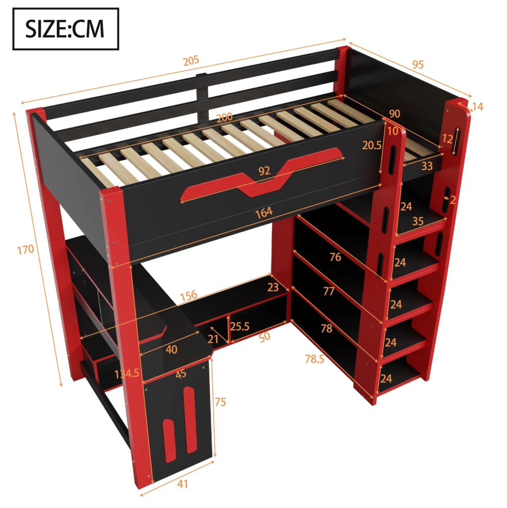 Letto a soppalco 90x200 cm con scrivania; LED e scala contenitore nero e rosso HOMVRA