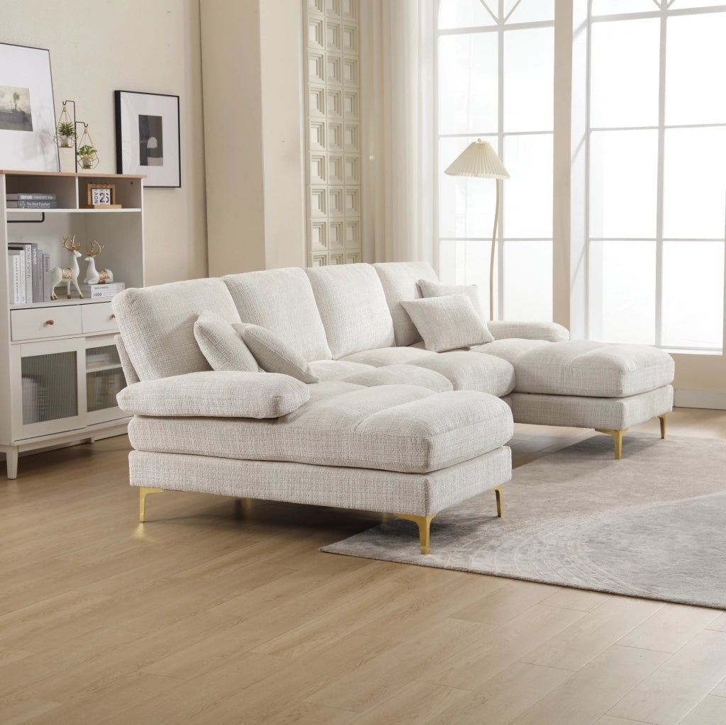 Divano componibile a U in chenille beige con doppia chaise longue